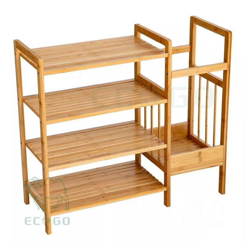 Custom 4 tier premium wooden shoe rack bamboo storage organizer for entryway freestanding with umbrella storage