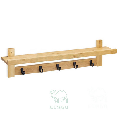 Coat Rack with Shelf Wall Mounted Bamboo Shelf with 5 Hooks Hanging Hook Storage for Hallway, Bedroom, Bathroom