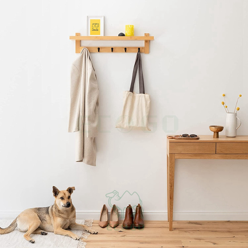 Coat Rack with Shelf Wall Mounted Bamboo Shelf with 5 Hooks Hanging Hook Storage for Hallway, Bedroom, Bathroom