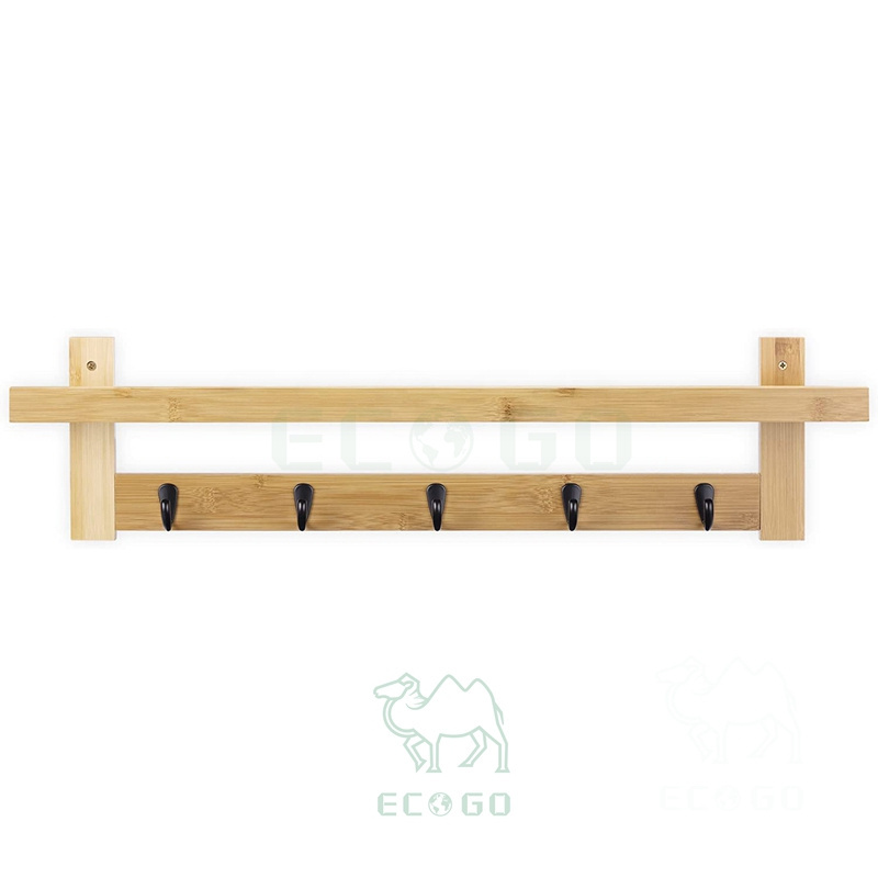 Coat Rack with Shelf Wall Mounted Bamboo Shelf with 5 Hooks Hanging Hook Storage for Hallway, Bedroom, Bathroom