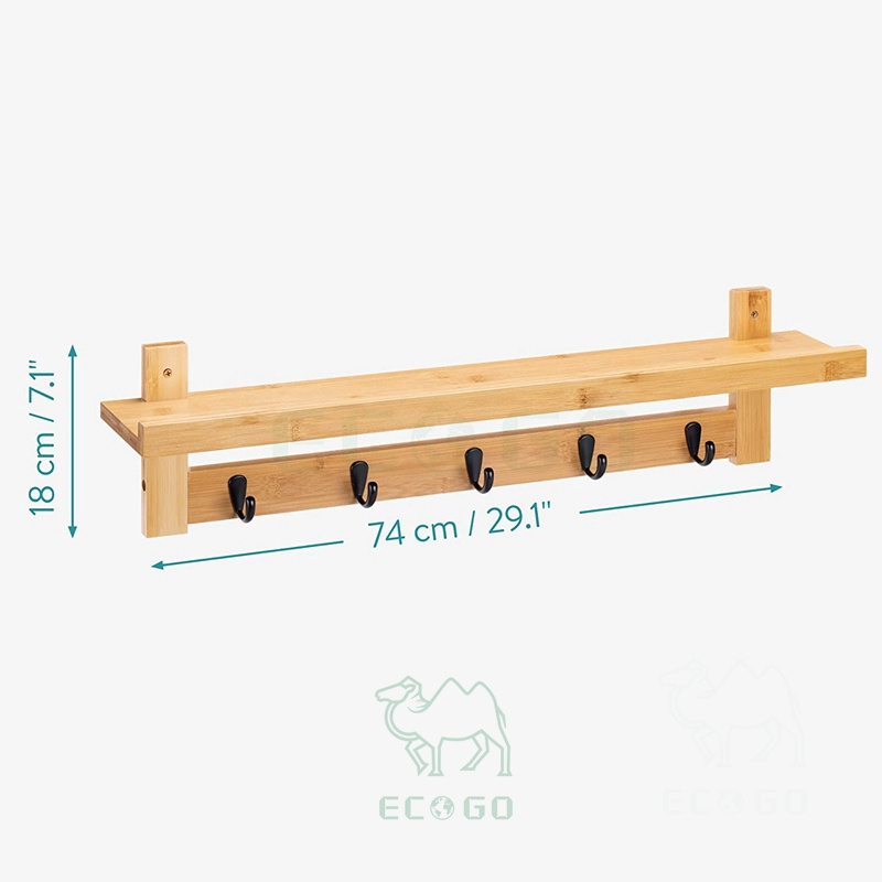 Coat Rack with Shelf Wall Mounted Bamboo Shelf with 5 Hooks Hanging Hook Storage for Hallway, Bedroom, Bathroom