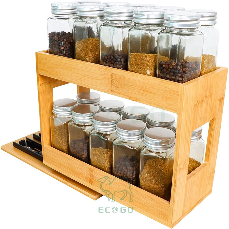 2-Tier Pull Out Spice Rack for Cabinet Bamboo Heavy Duty Slide Out Seasoning Organizer for Kitchen Cabinets Drawers