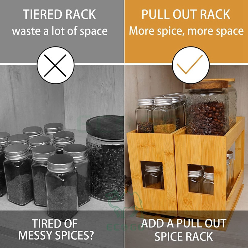 2-Tier Pull Out Spice Rack for Cabinet Bamboo Heavy Duty Slide Out Seasoning Organizer for Kitchen Cabinets Drawers