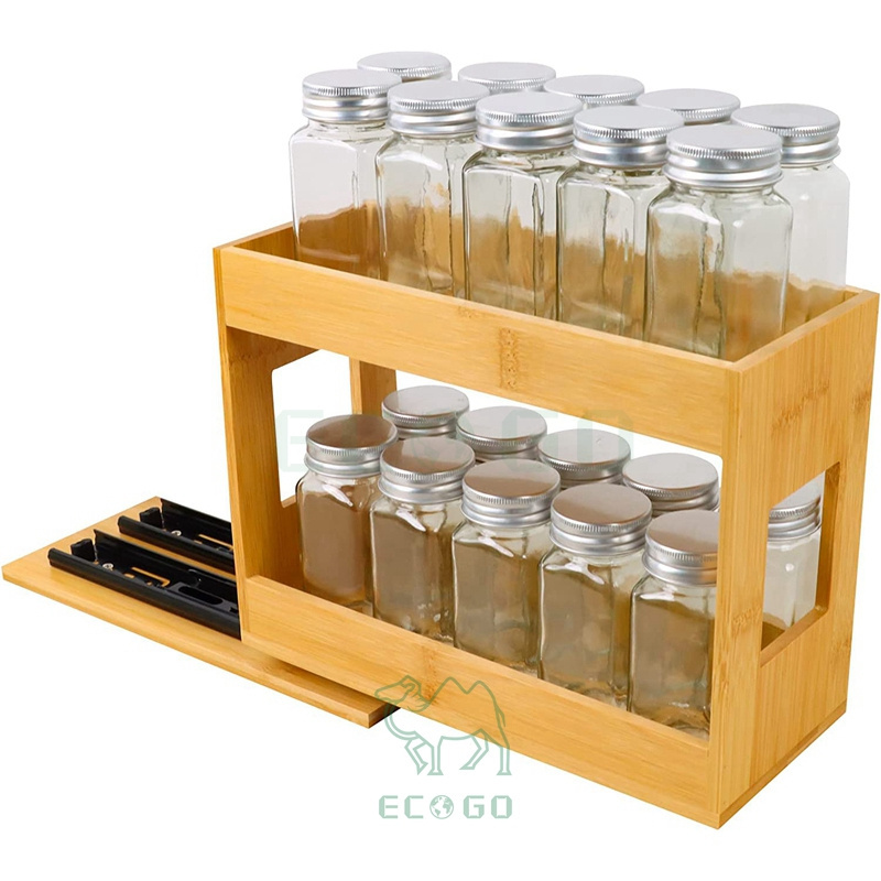 2-Tier Pull Out Spice Rack for Cabinet Bamboo Heavy Duty Slide Out Seasoning Organizer for Kitchen Cabinets Drawers