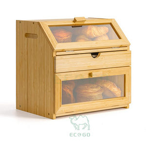 Bamboo Bread Box for Kitchen Countertop Triple Bread Storage with Drawer Bread Keeper with Clear Windows