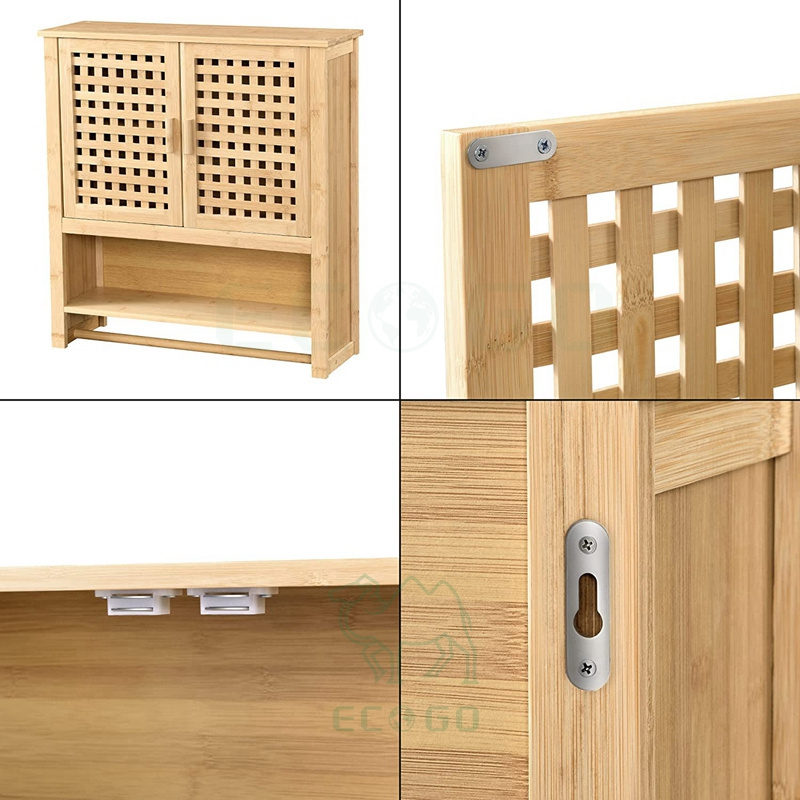 Secure Bathroom Wall Cabinet Bamboo With Towel Holder Cabinet Storage Organizer Double Doors & 3 Tier Bathroom Shelf