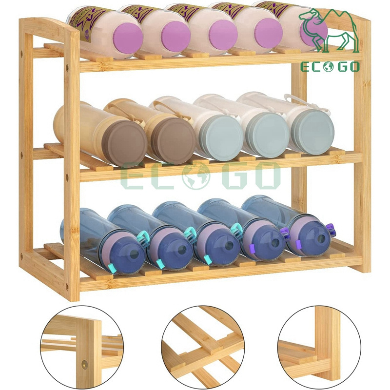 Water Bottle Organizer 3 Tier Bamboo Water Bottle Rack Plastic Water Bottle Holder for Cabinet Pantry Kitchen Countertop