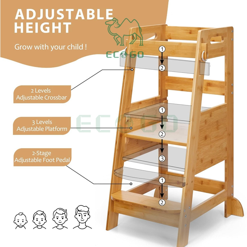 Strong Bamboo Toddler Step Stool Kids Kitchen Learning Stool Standing Helper Tower for Toddlers 3 Height Adjustable Foot Stool