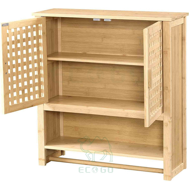 Secure Bathroom Wall Cabinet Bamboo With Towel Holder Cabinet Storage Organizer Double Doors & 3 Tier Bathroom Shelf