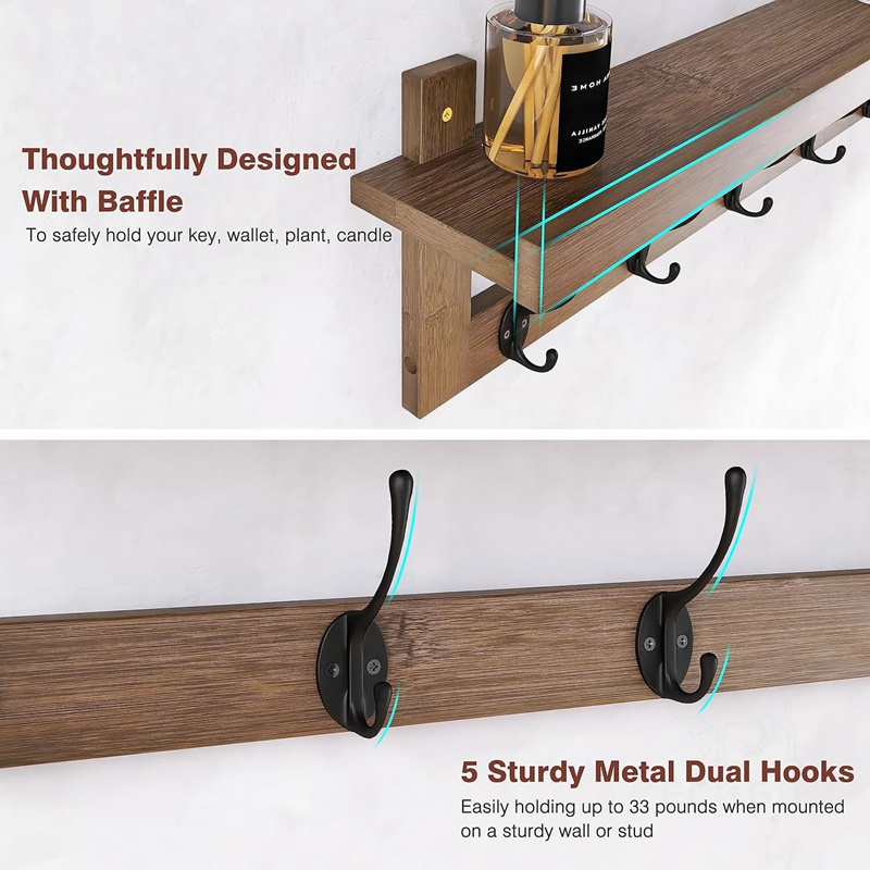 Coat Hooks with Shelf Wall-Mounted, Walnut Color Entryway Coat Rack for Wall, Bamboo Coat Rack with Shelf 5 Hooks