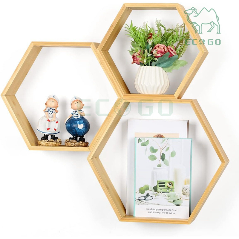 Hexagon Floating Shelves Wall Mounted Natural Bamboo Farmhouse Storage Honeycomb Wall Shelf Set of 3 Hexagon Shelves