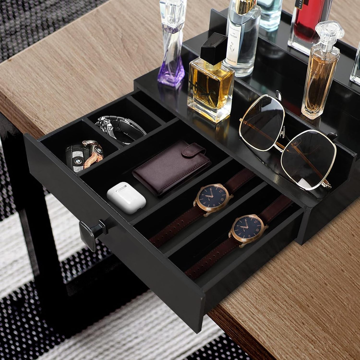 3 Tier Cologne Organizer for Men, Bamboo Perfume Organizer with Drawer and Hidden Compartment Cologne Stand as Nice Gift for Men