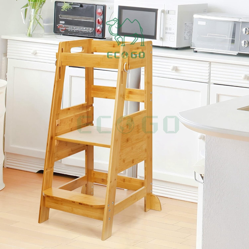 Strong Bamboo Toddler Step Stool Kids Kitchen Learning Stool Standing Helper Tower for Toddlers 3 Height Adjustable Foot Stool