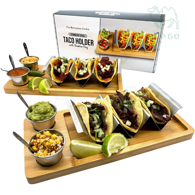 Stylish Taco Stand Holder With Bamboo Tray Set of 2 Taco With Four Sauce Holders and Four Spoons Holds Up to 4-6 Tacos