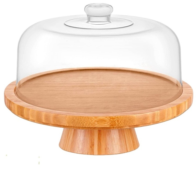 Bamboo Cake Stand with Clear Acrylic Dome Cover, Bamboo Cake Plate Holder with Lid