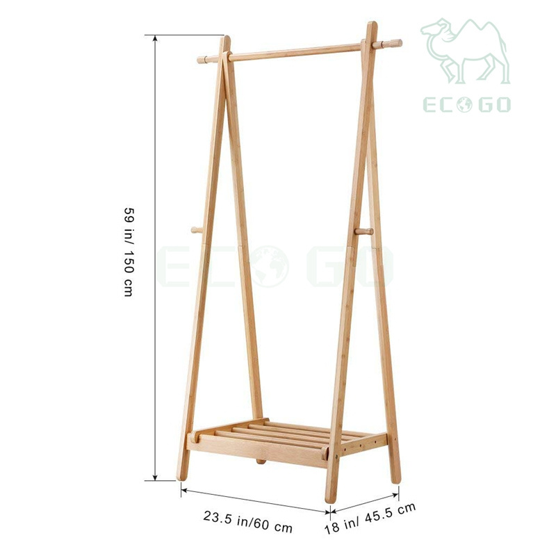 Folding Bamboo Laundry Drying Rack With 4 Cylindrical Hooks Lower Shoe Storage Shelf Attractive Design Clothing Rail