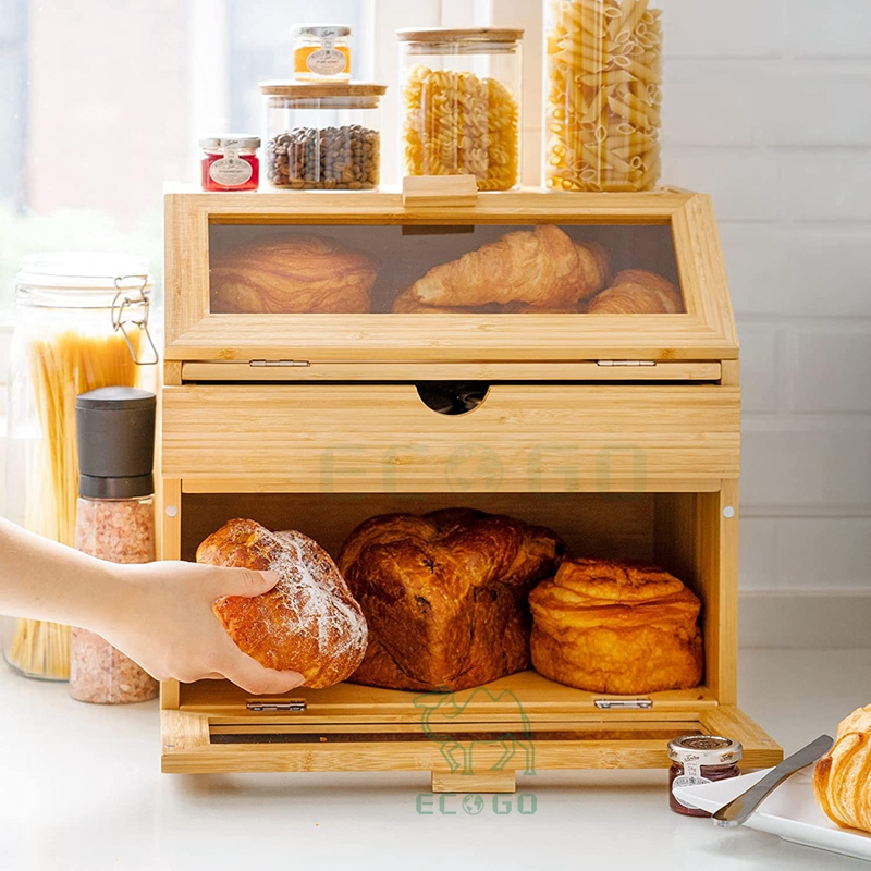 Bamboo Bread Box for Kitchen Countertop Triple Bread Storage with Drawer Bread Keeper with Clear Windows