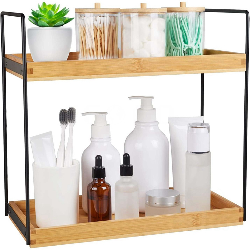 2 Tier Bathroom Organizer Countertop, Bamboo Bathroom Counter Shelf, Bathroom Counter Storage Organizer