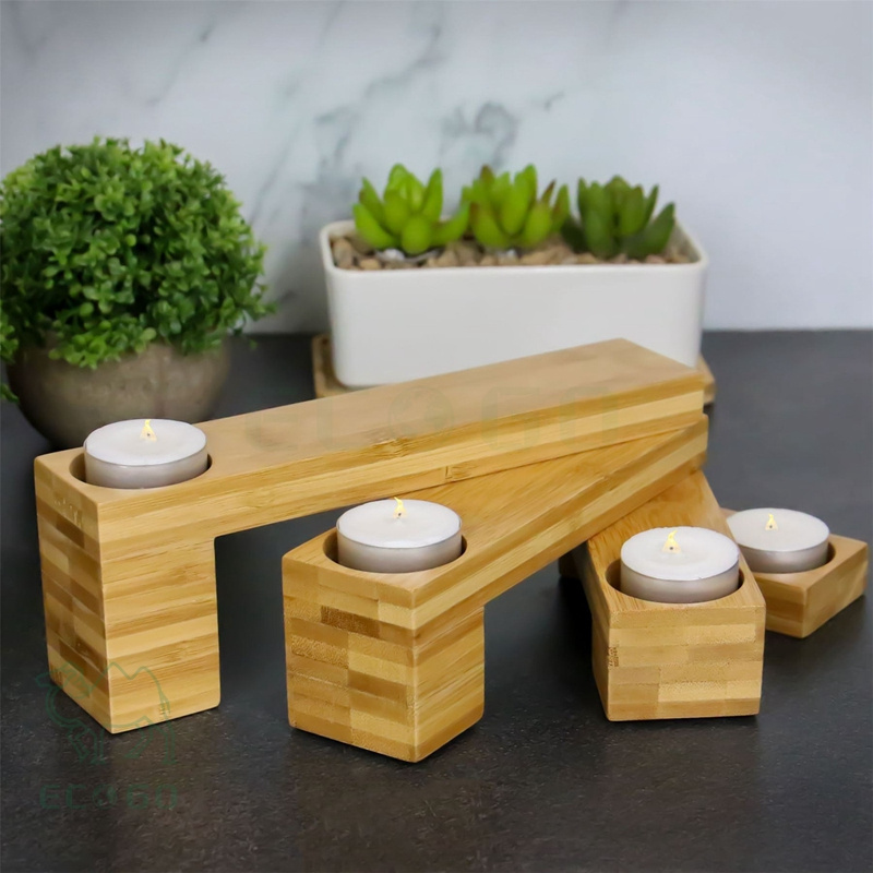 Natural bamboo ceramic votive tealight candle holder set of 4 foldable rotating wooden farmhouse wedding centerpiece decorative