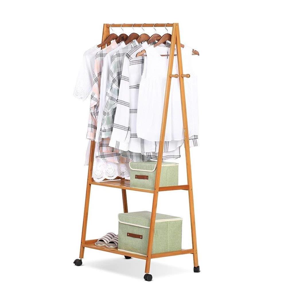 Bamboo Coat Rack with 2 Coat Hooks 2-Tier Shoe Storage Shelves Garment rack