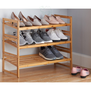 Natural Wooden 3-Tier Expandable Shoe Rack  with Stackable Function and Handle