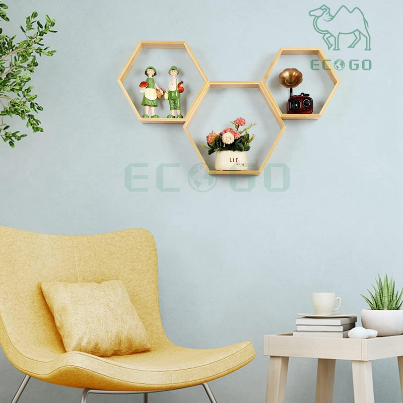 Hexagon Floating Shelves Wall Mounted Natural Bamboo Farmhouse Storage Honeycomb Wall Shelf Set of 3 Hexagon Shelves