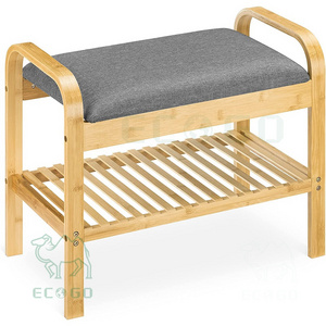 Custom 2 tier shoe rack with seat bamboo shoe racks storage with bench seat cushion for entry freestanding