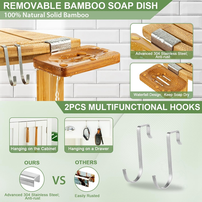 Custom Bathroom Bamboo Wooden Small Corner Table Corner Shower Bench & Shower Stool Storage Shelf Seat