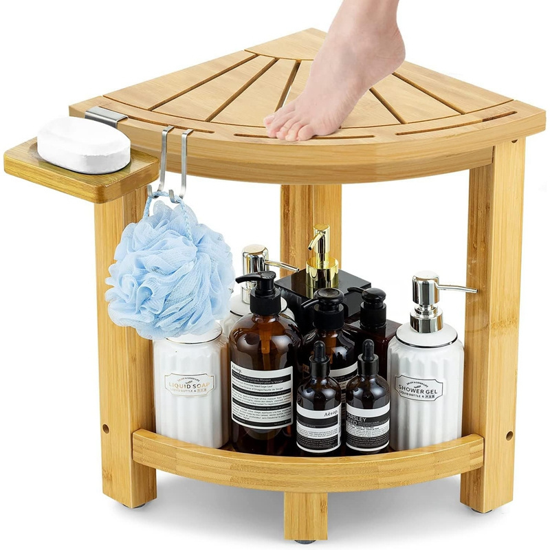 Custom Bathroom Bamboo Wooden Small Corner Table Corner Shower Bench & Shower Stool Storage Shelf Seat