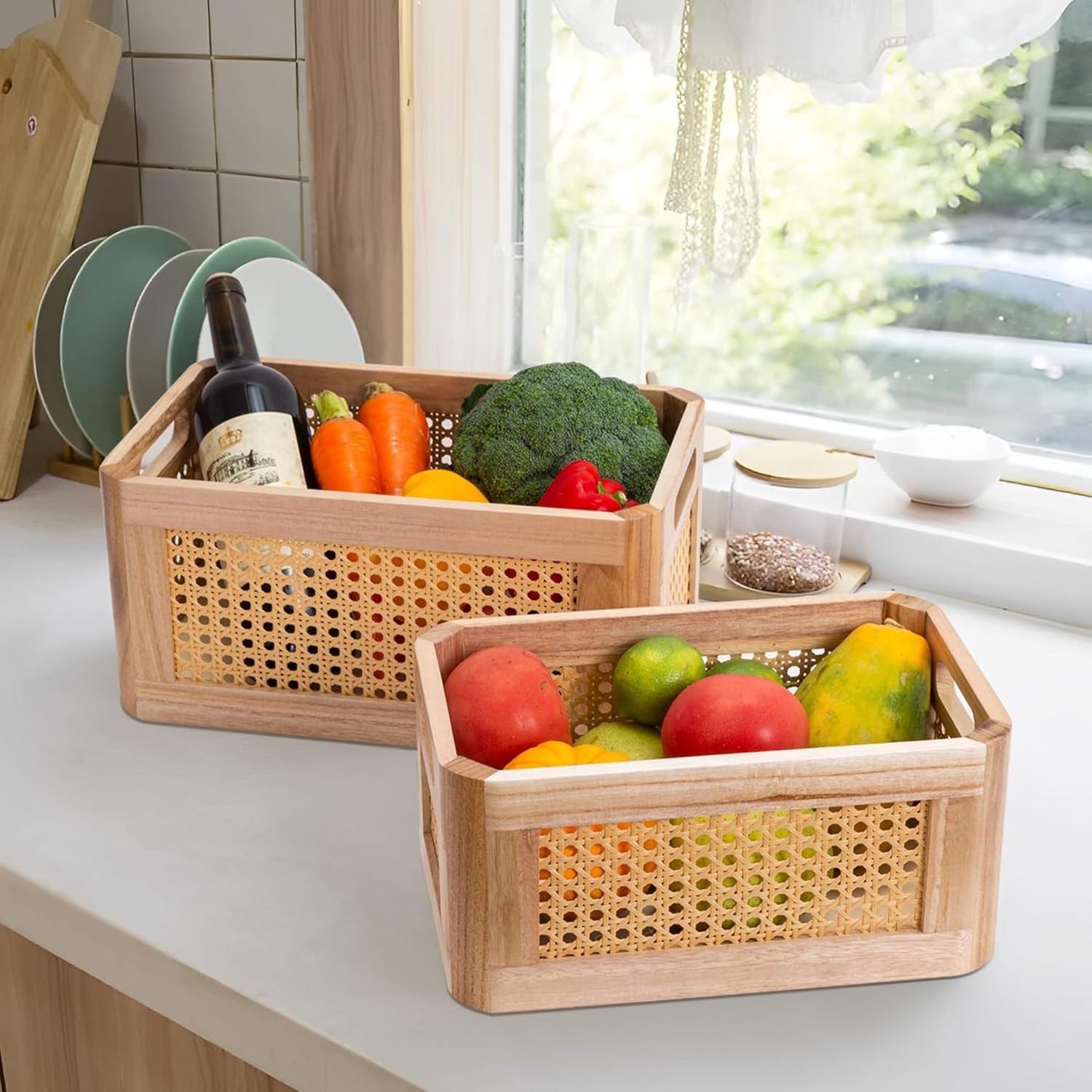 Rattan Storage Baskets for Shelves, Rectangle Small Baskets for Organizing, Wood Bamboo Storage Baskets with Handles