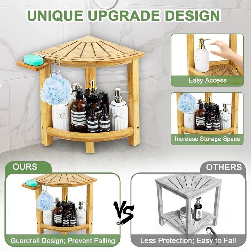 Custom Bathroom Bamboo Wooden Small Corner Table Corner Shower Bench & Shower Stool Storage Shelf Seat