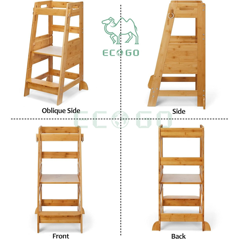 Strong Bamboo Toddler Step Stool Kids Kitchen Learning Stool Standing Helper Tower for Toddlers 3 Height Adjustable Foot Stool