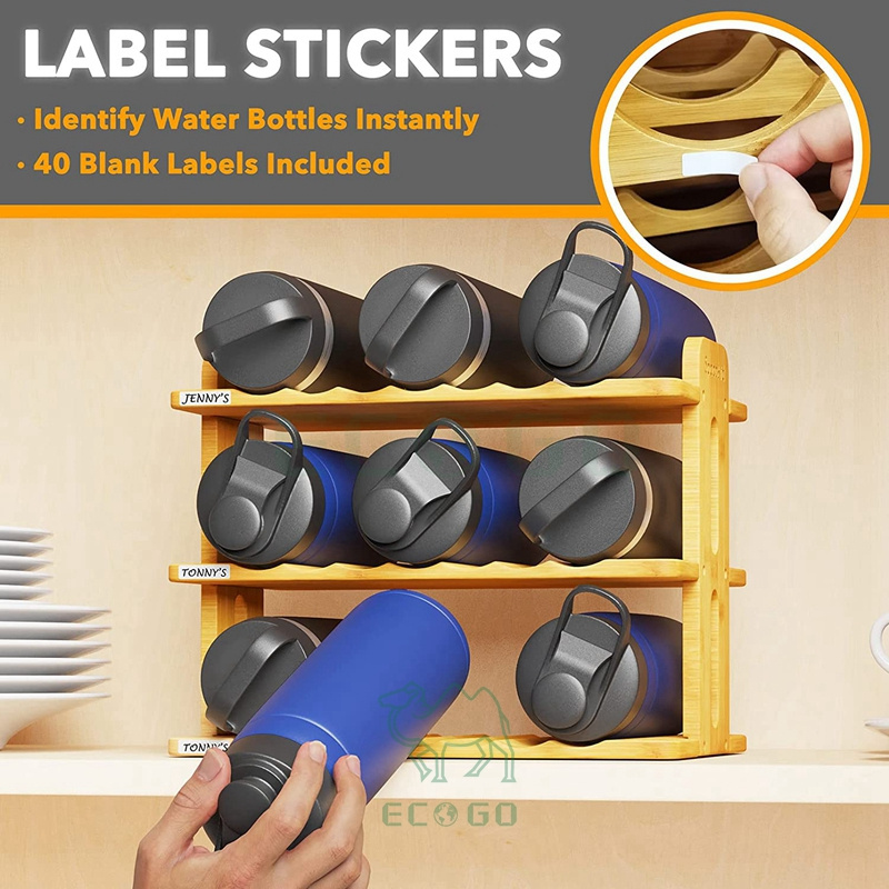 Bamboo Water Bottle Organizer with Labels Kitchen Pantry Bottle Storage Rack for Cabinets Cup and Wine Bottle Holder Shelf