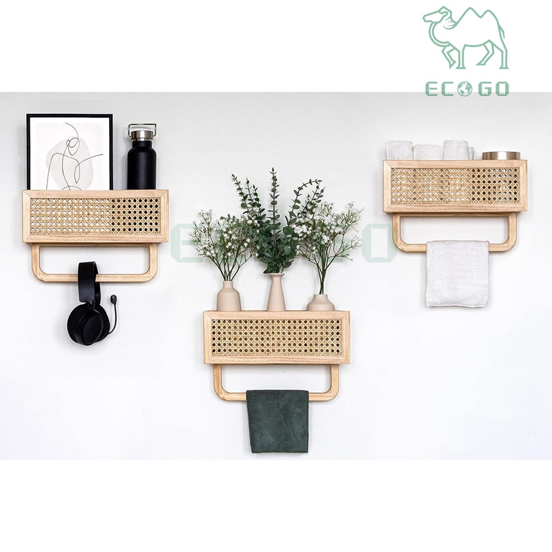 Versatile Wood Floating Shelf Rattan Shelve Wall Decor with Towel Rack for Kitchen Laundry Room & Bedroom Rattan Wall Shelf