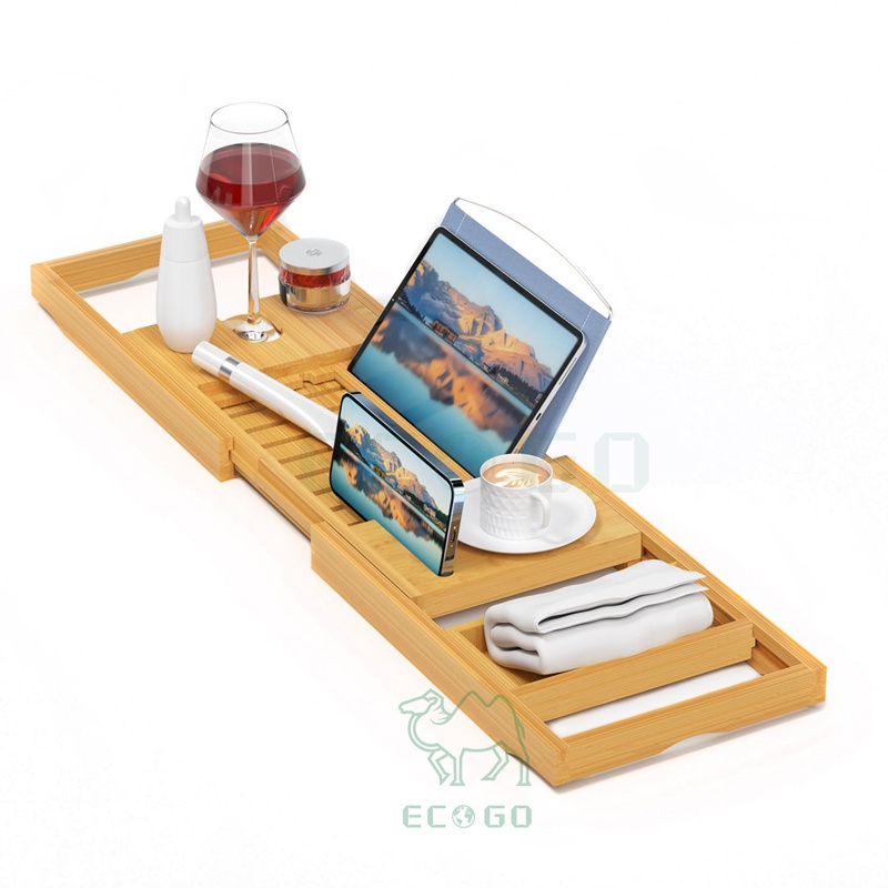 Bamboo Wood Foldable Bath Caddy Tray Bamboo Bathtub Tray Table Extending Sides Multi-function Bamboo Bathtub Caddy