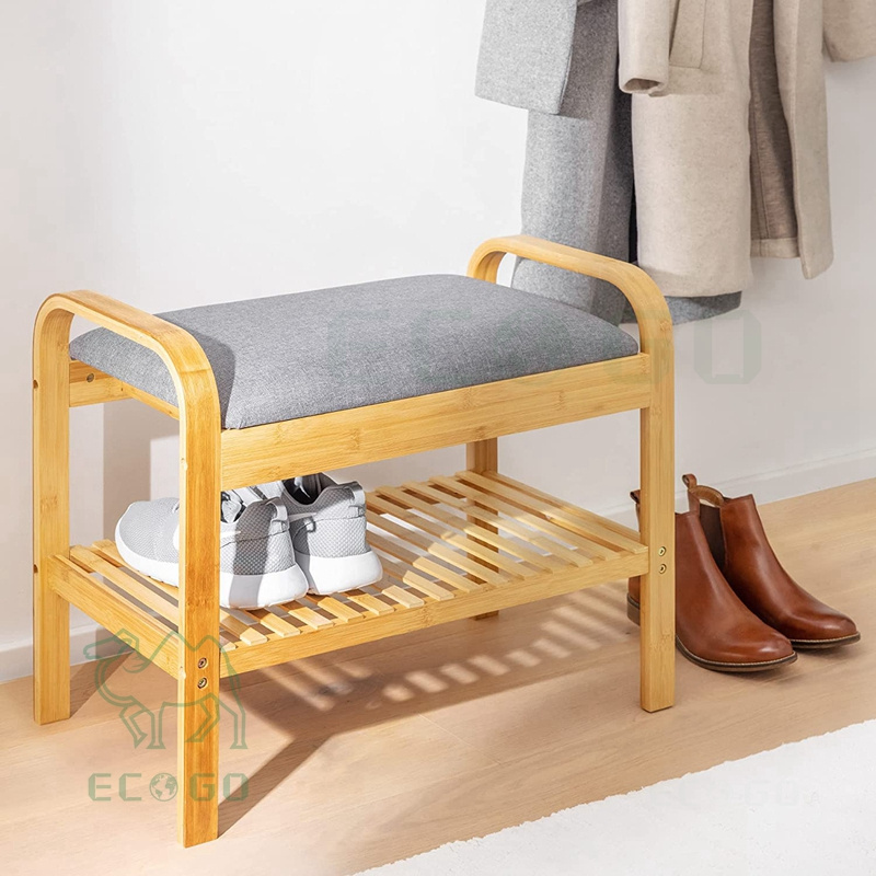 Custom 2 tier shoe rack with seat bamboo shoe racks storage with bench seat cushion for entry freestanding