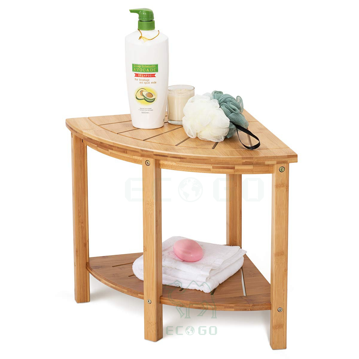 Bamboo Wooden Shower Bench with Shampoo Organizer, 2-Tier Spa Seat Bath Stool for Bathroom Bathtub Inside Shower Shaving Legs