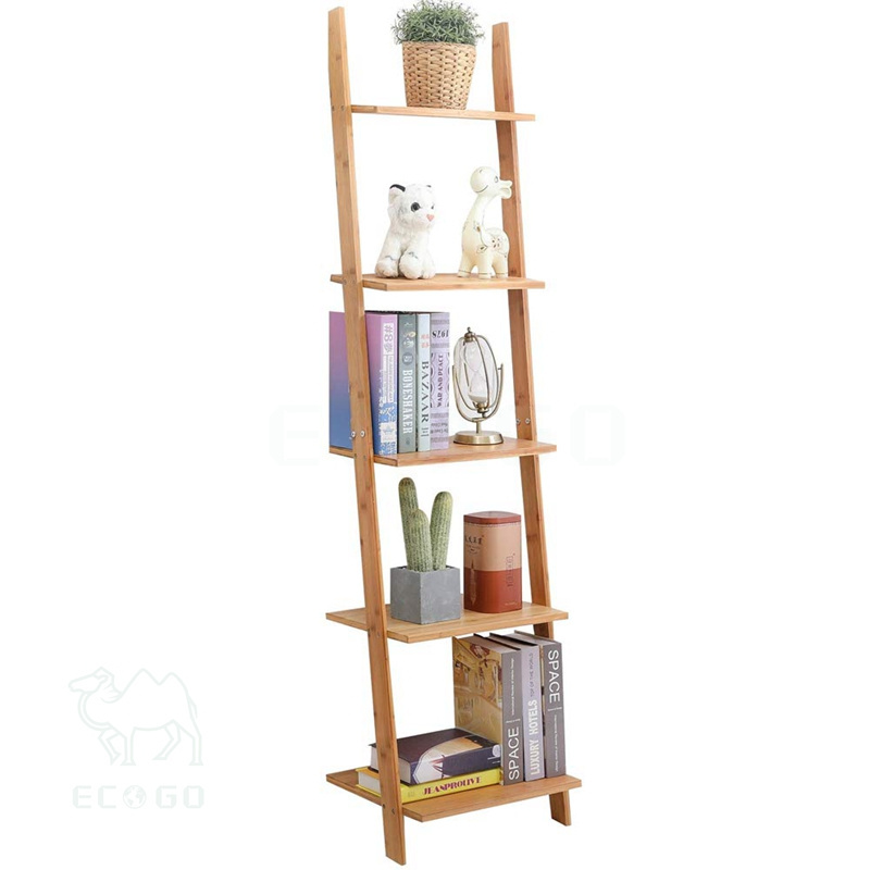 Bamboo book stand 5-tier wall bookshelf ladder storage shelf display stand for living room