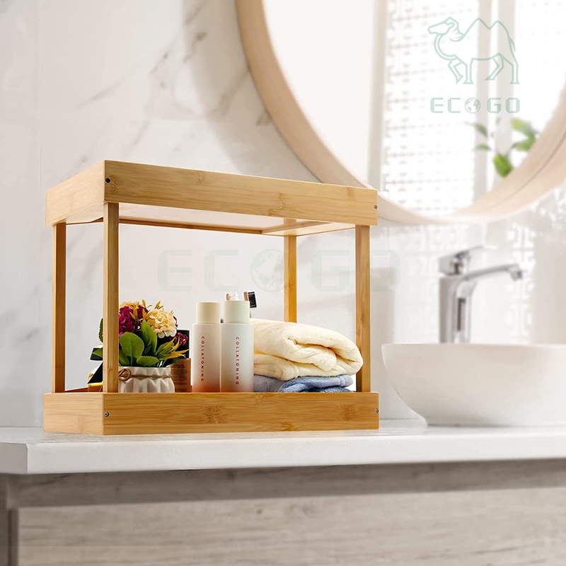 Artisanal Under Sink Organizer 2 Tier Bathroom Counter Organizer with 4 Hooks Under Cabinet Organizer Bamboo Shelf Multi-purpose