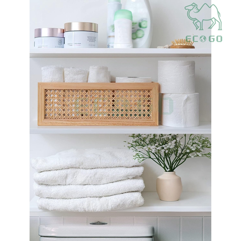 Versatile Wood Floating Shelf Rattan Shelve Wall Decor with Towel Rack for Kitchen Laundry Room & Bedroom Rattan Wall Shelf