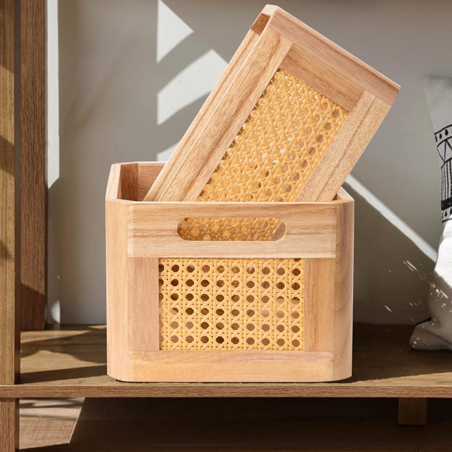 Rattan Storage Baskets for Shelves, Rectangle Small Baskets for Organizing, Wood Bamboo Storage Baskets with Handles