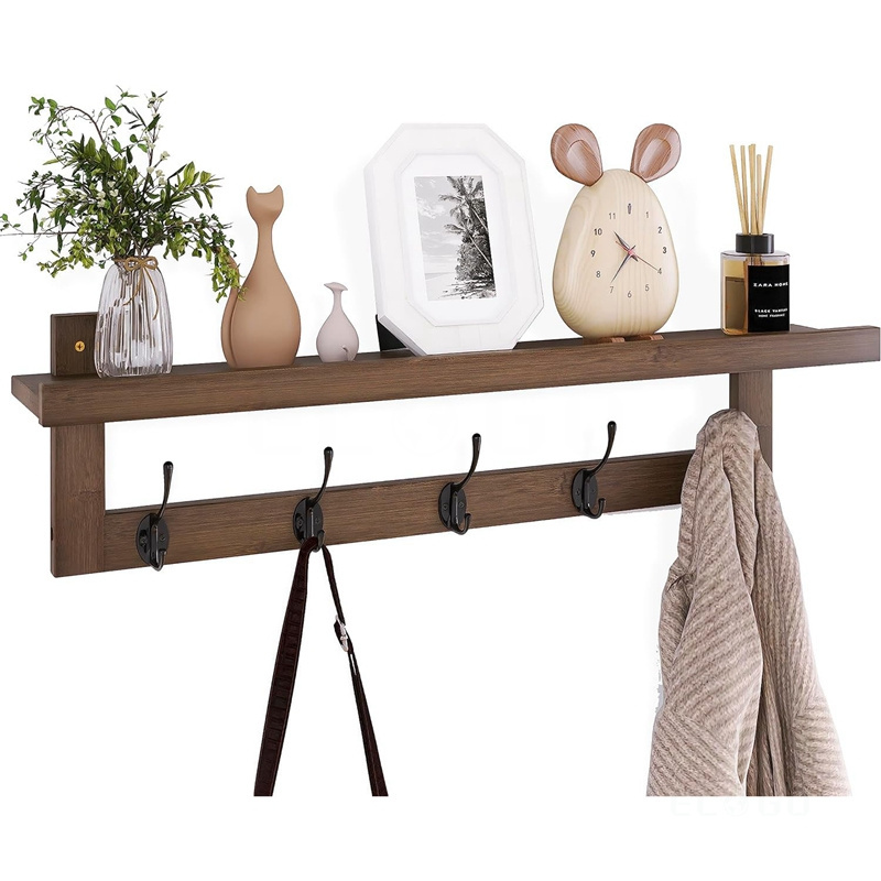 Coat Hooks with Shelf Wall-Mounted, Walnut Color Entryway Coat Rack for Wall, Bamboo Coat Rack with Shelf 5 Hooks