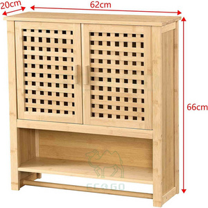 Secure Bathroom Wall Cabinet Bamboo With Towel Holder Cabinet Storage Organizer Double Doors & 3 Tier Bathroom Shelf