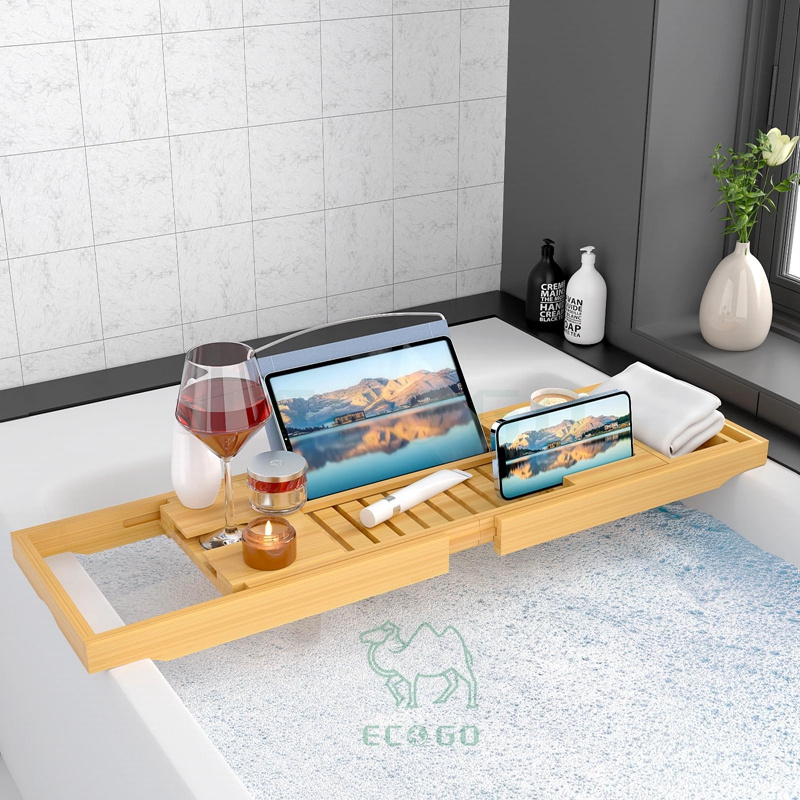 Bamboo Wood Foldable Bath Caddy Tray Bamboo Bathtub Tray Table Extending Sides Multi-function Bamboo Bathtub Caddy