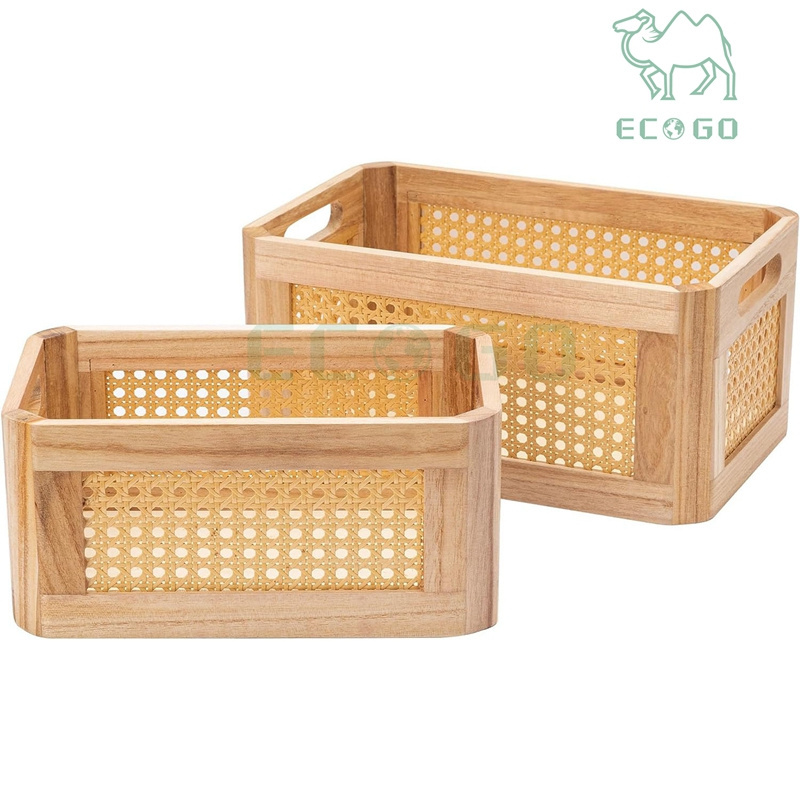 Fancy Rattan Storage Baskets for Shelves Rectangle Wicker Box for Organizing Wood Woven Storage Baskets with Handles Decorative