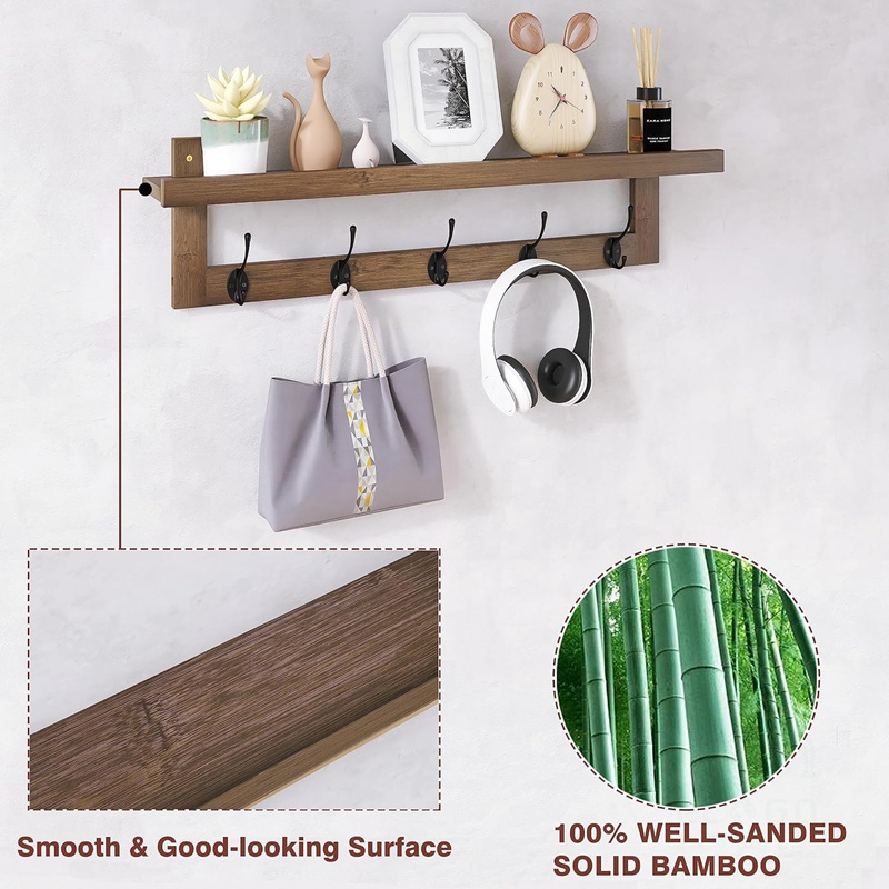 Coat Hooks with Shelf Wall-Mounted, Walnut Color Entryway Coat Rack for Wall, Bamboo Coat Rack with Shelf 5 Hooks