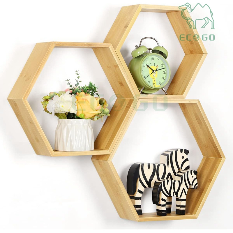 Hexagon Floating Shelves Wall Mounted Natural Bamboo Farmhouse Storage Honeycomb Wall Shelf Set of 3 Hexagon Shelves