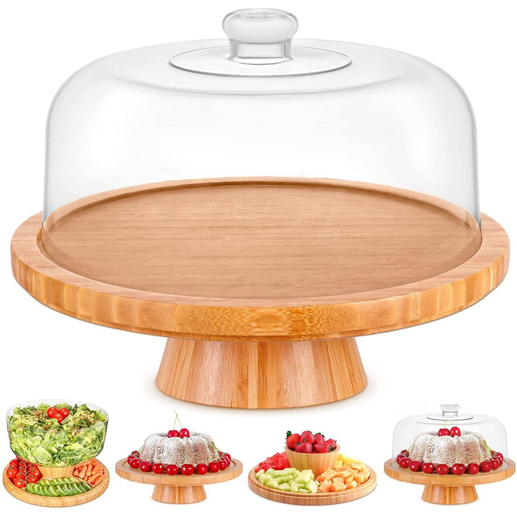 Bamboo Cake Stand with Clear Acrylic Dome Cover, Bamboo Cake Plate Holder with Lid