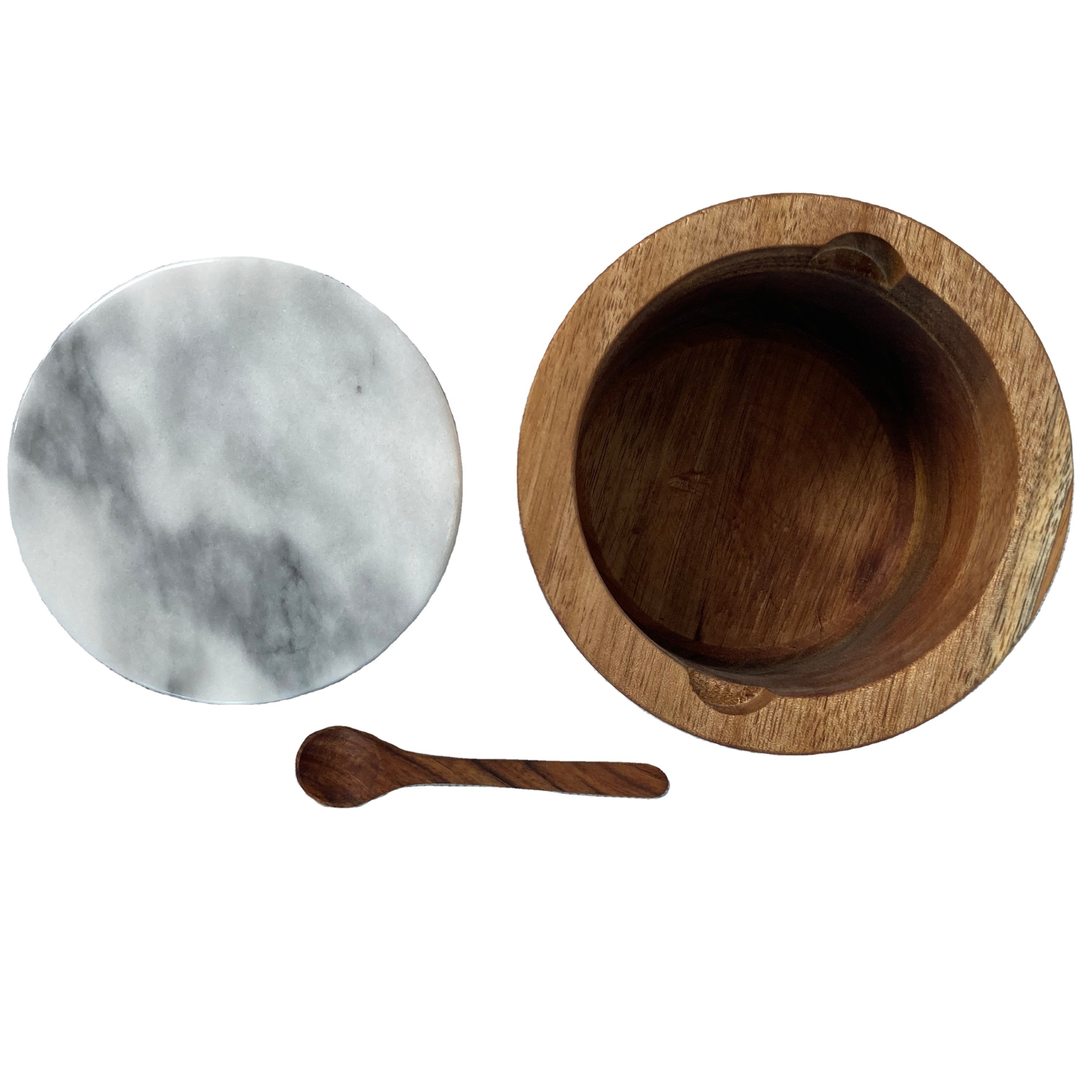 Salt Cellar Box Bowl Pepper Box Salt Container Acacia Wooden Salt Box with Spoon and Marble Lid