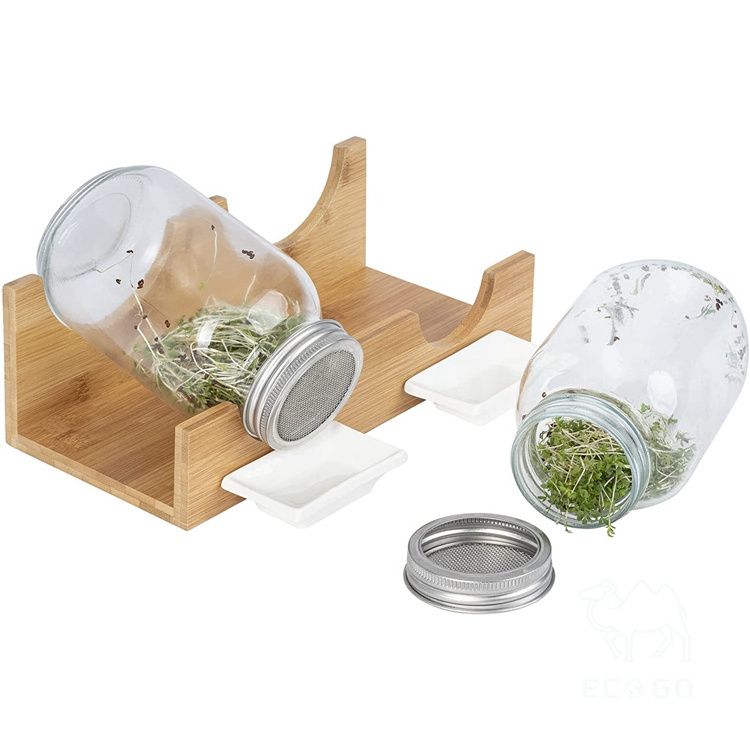 Sprout glass with bamboo draining rack , Germination glass for sprouts with stand, sprouting jar kit